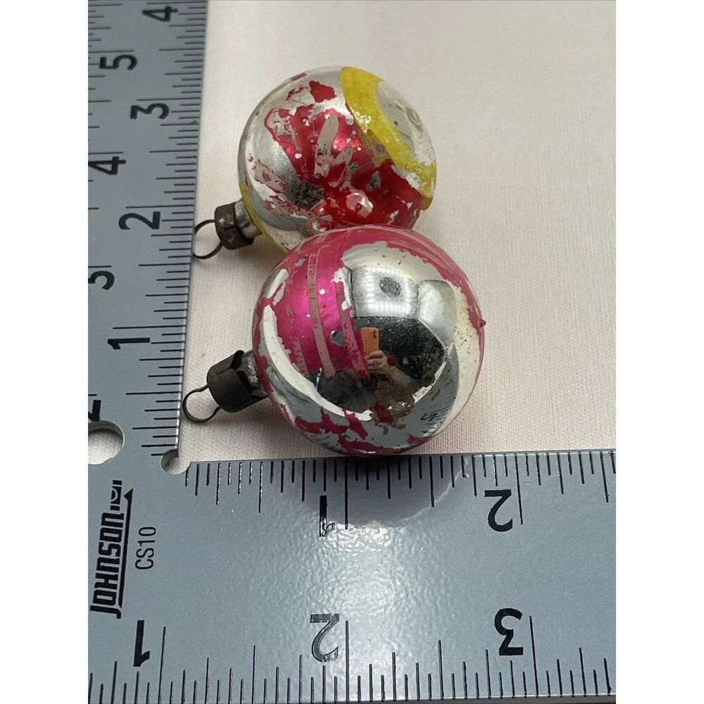 2 Vintage Mercury Glass Painted Christmas Ornaments Floral Striped Holiday Tree